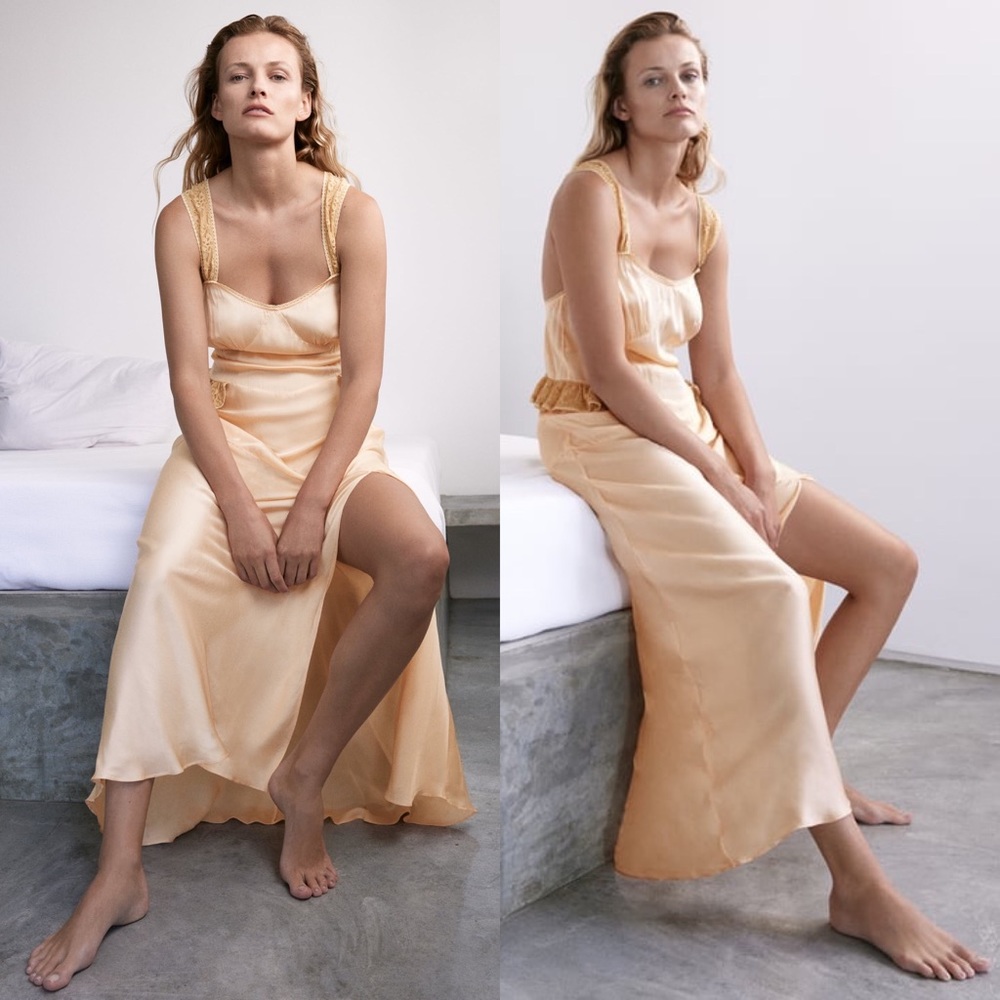 Zara SATIN MIDI LONG LACE STRAPS PEPLIM DRESS Front Slit at Hem Size S NEW